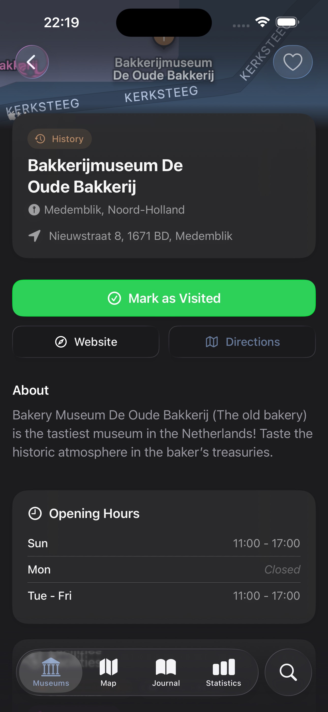 Museum detail view showing location, description, and opening hours