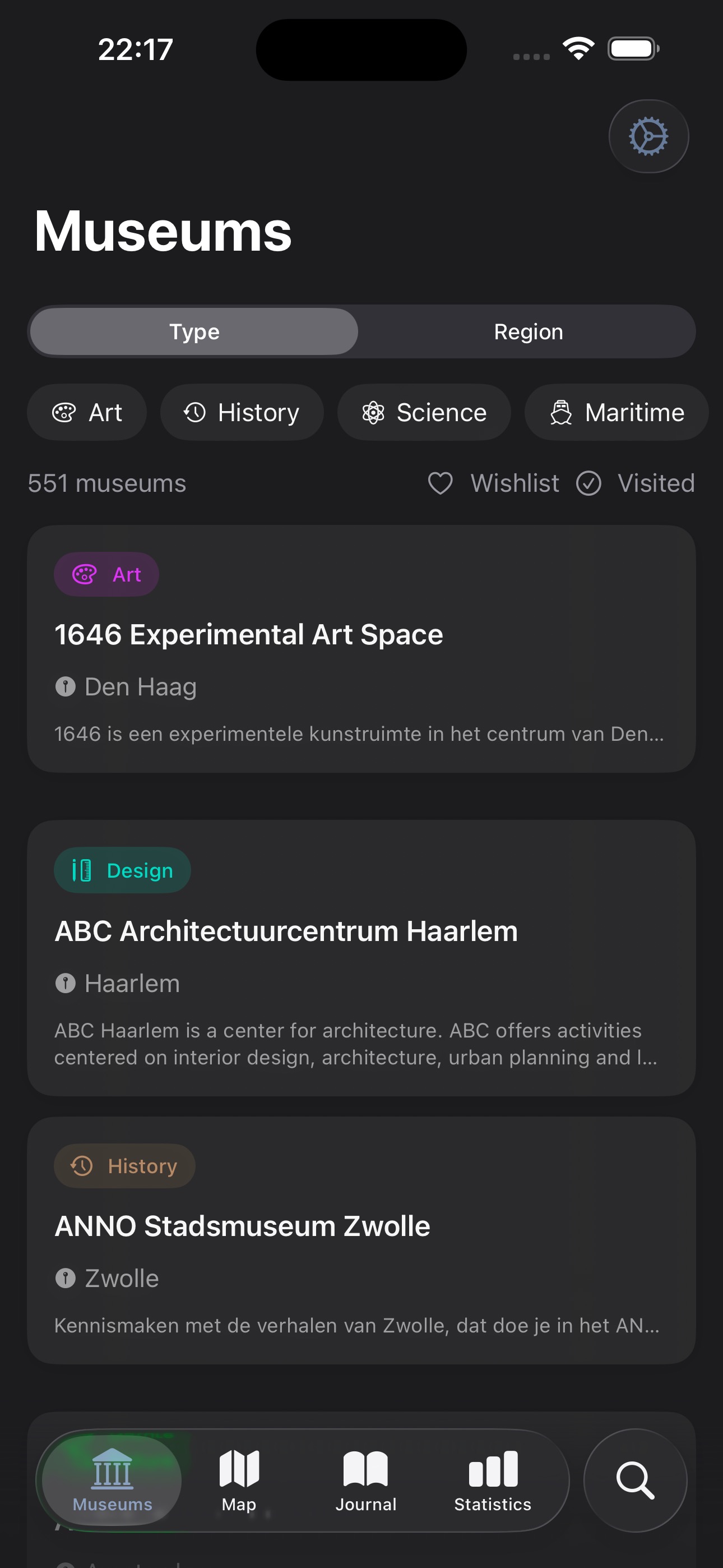 Museumate directory screen showing museum listings with type and region filters