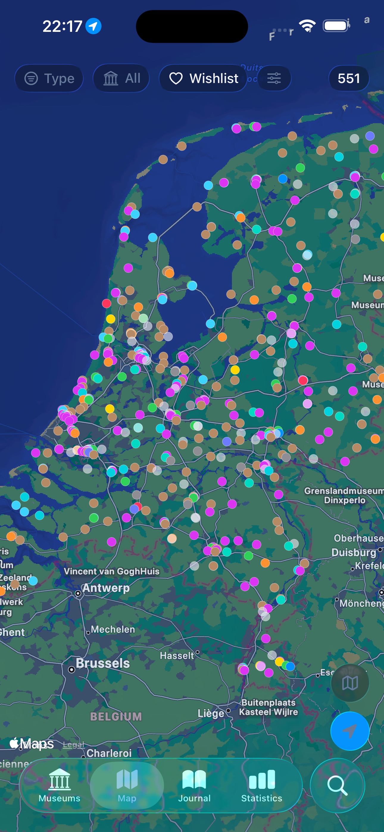 Full map of the Netherlands with color-coded museum pins
